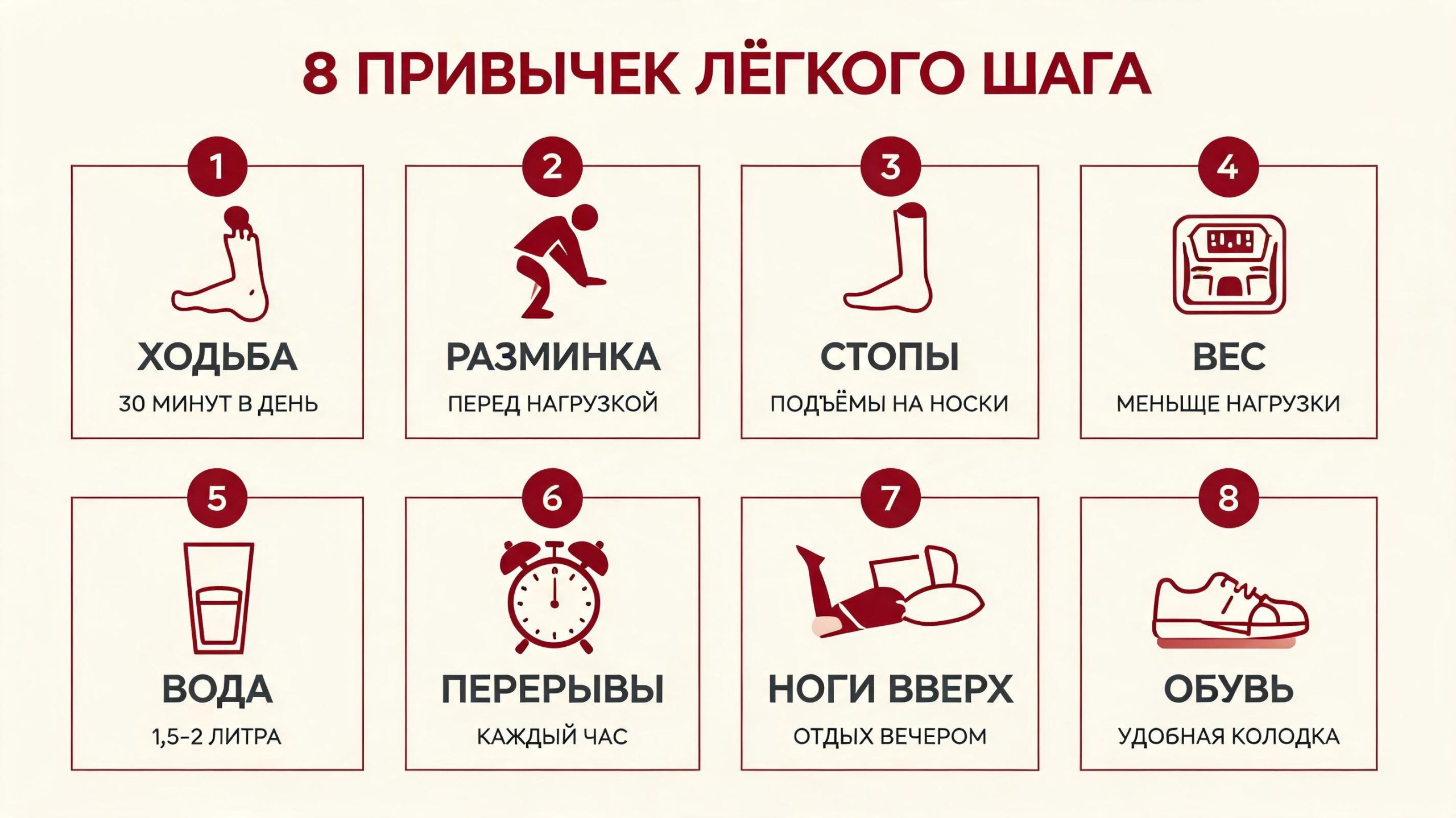 8 привычек лёгкого шага: ходьба, разминка, стопы, вес, вода, перерывы, отдых ног, удобная обувь